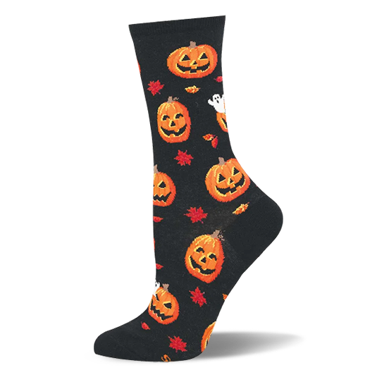 Black crew sock with a pixelated pattern of smiling orange jack-o'-lanterns, red autumn leaves, and a tiny white ghost.