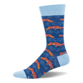 Dark blue crew sock with red plaid platypuses swimming among light blue water lines, plus a light blue cuff and heel.