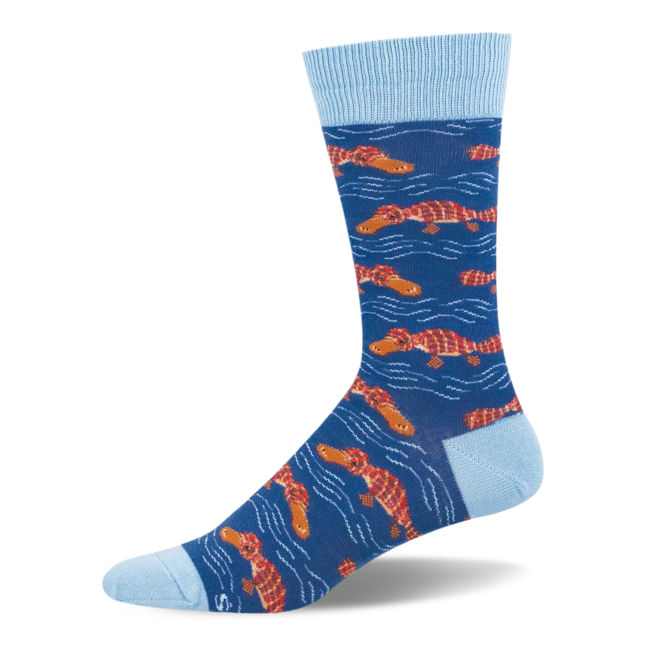 Dark blue crew sock with red plaid platypuses swimming among light blue water lines, plus a light blue cuff and heel.