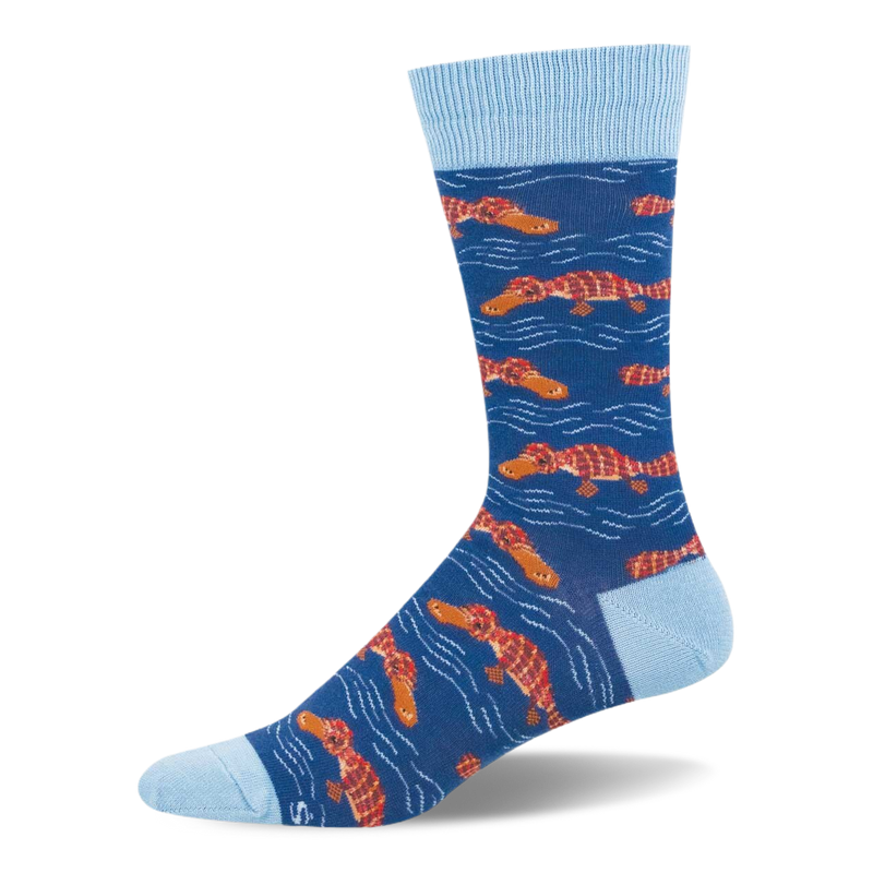 Dark blue crew sock with red plaid platypuses swimming among light blue water lines, plus a light blue cuff and heel.