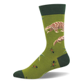 Olive green crew sock featuring a pattern of brown pangolins and small ants, finished with dark green accents.