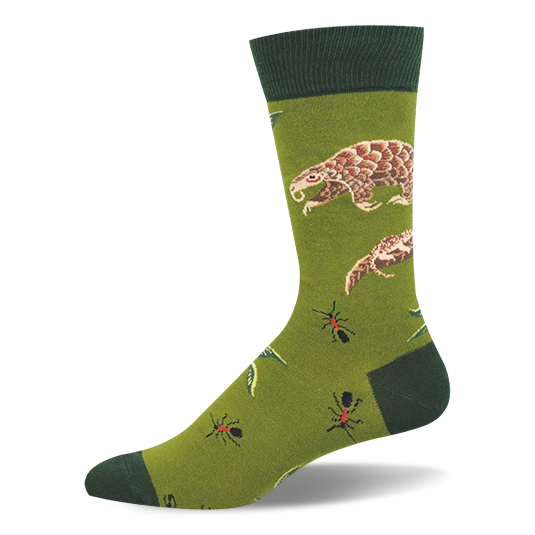 Olive green crew sock featuring a pattern of brown pangolins and small ants, finished with dark green accents.