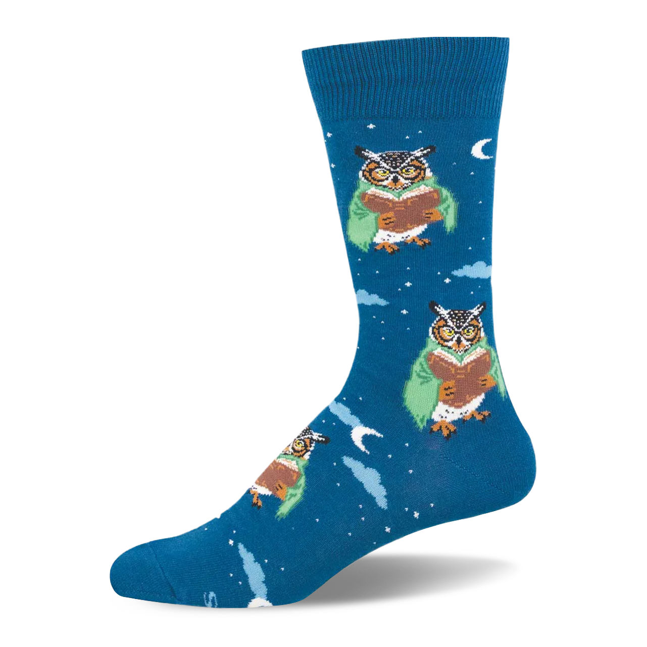 Deep blue crew sock patterned with owls in green cloaks reading books among white stars and pale clouds.