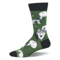 Green crew sock with grey wolves howling at the moon, a large wolf face, tiny stars, and dark black accents on the ends.