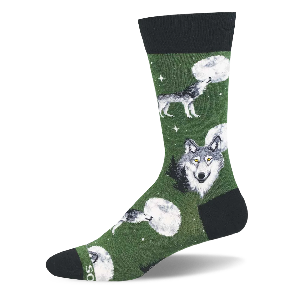 Green crew sock with grey wolves howling at the moon, a large wolf face, tiny stars, and dark black accents on the ends.