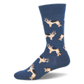 Crew sock in heathered navy blue featuring a repeating pattern of standing black and tan German Shepherd dogs.