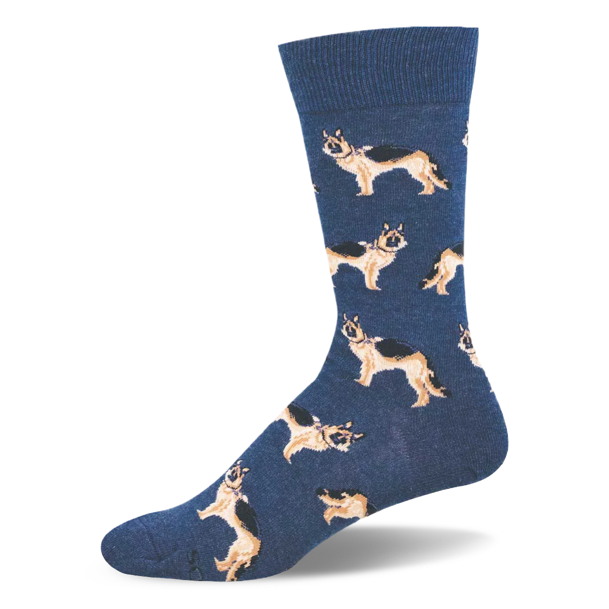 Crew sock in heathered navy blue featuring a repeating pattern of standing black and tan German Shepherd dogs.