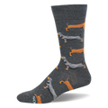Dark heather gray crew sock featuring a repeating pattern of long brown and gray dachshund dogs.
