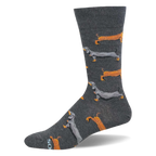 Dark heather gray crew sock featuring a repeating pattern of long brown and gray dachshund dogs.