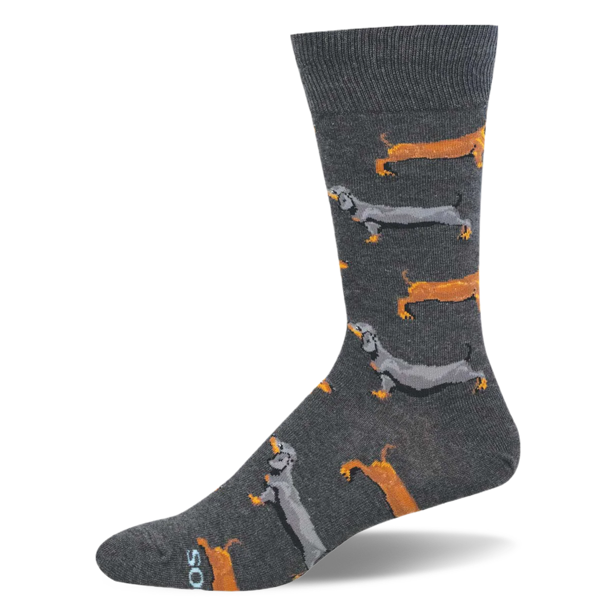 Dark heather gray crew sock featuring a repeating pattern of long brown and gray dachshund dogs.