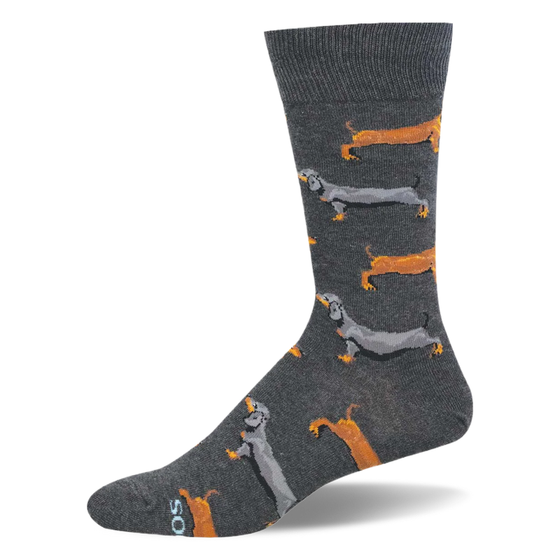 Dark heather gray crew sock featuring a repeating pattern of long brown and gray dachshund dogs.