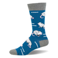 Blue crew sock showing a pattern of yelling possums and white AHHH! text, with a grey cuff and matching grey toe.