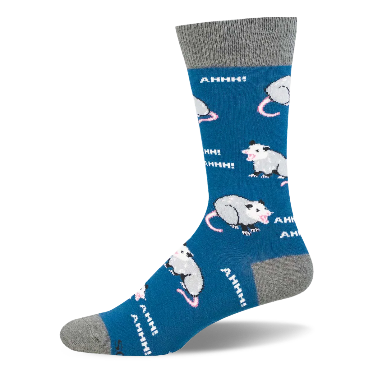 Blue crew sock showing a pattern of yelling possums and white AHHH! text, with a grey cuff and matching grey toe.