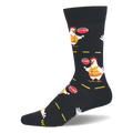 Black socks with a pattern of white chickens wearing orange safety vests and holding stop signs between yellow road lines.