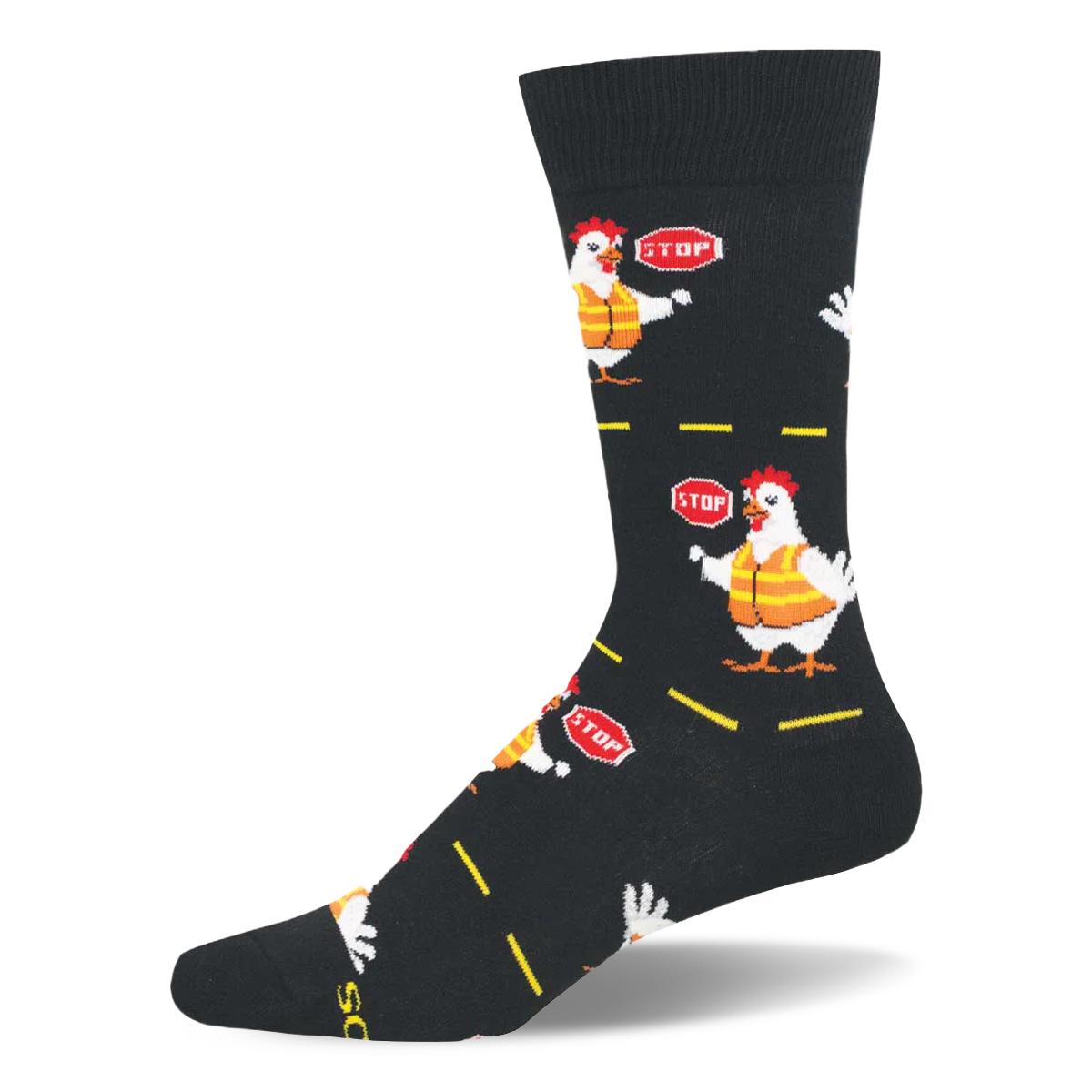 Black socks with a pattern of white chickens wearing orange safety vests and holding stop signs between yellow road lines.