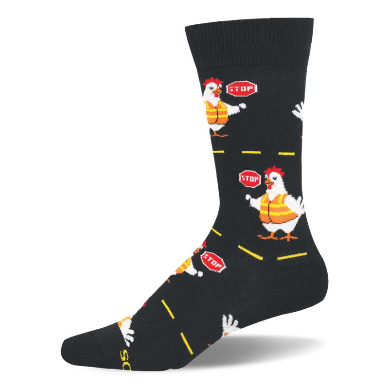 Black socks with a pattern of white chickens wearing orange safety vests and holding stop signs between yellow road lines.