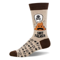 Beige crew sock with brown trim featuring an angry poop shouting a skull and crossbones, text SHIT TALKER, and swear symbols.