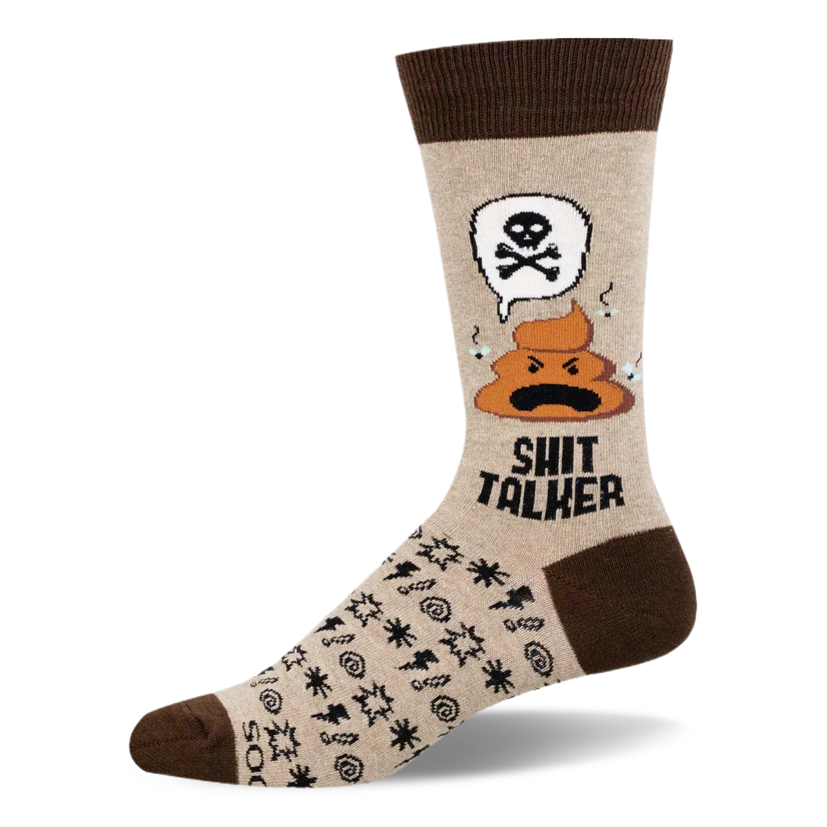 Beige crew sock with brown trim featuring an angry poop shouting a skull and crossbones, text SHIT TALKER, and swear symbols.