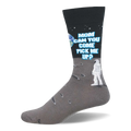 Black and gray crew sock showing an astronaut on the moon looking at the text MOM CAN YOU COME PICK ME UP next to Earth.