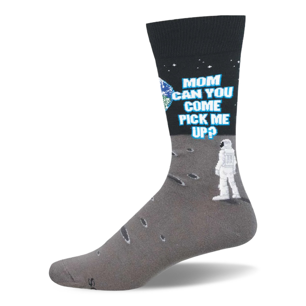 Black and gray crew sock showing an astronaut on the moon looking at the text MOM CAN YOU COME PICK ME UP next to Earth.