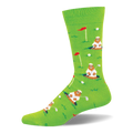 Bright green crew socks showing a pattern of brown gophers in white golf attire popping out of holes with silver golf clubs.