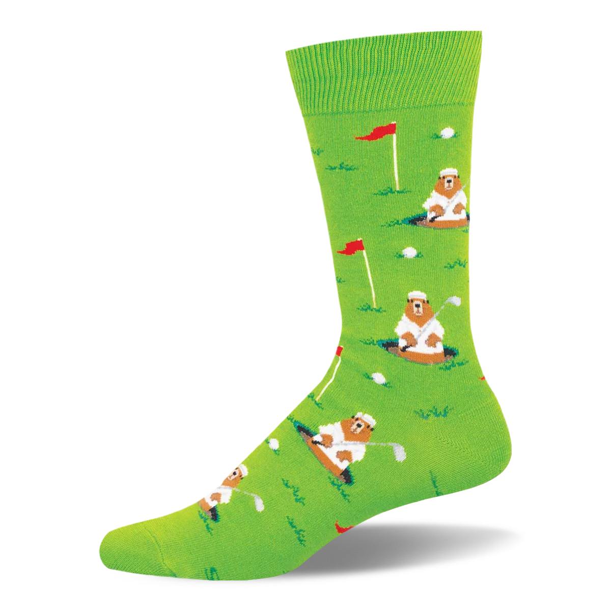 Bright green crew socks showing a pattern of brown gophers in white golf attire popping out of holes with silver golf clubs.