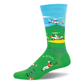 Light blue and green socks with retro pixelated golf graphics showing a flying flaming golf cart and a gopher near the toe.