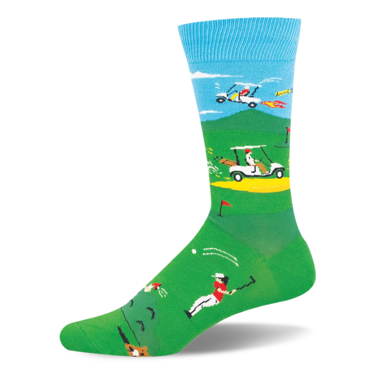 Light blue and green socks with retro pixelated golf graphics showing a flying flaming golf cart and a gopher near the toe.