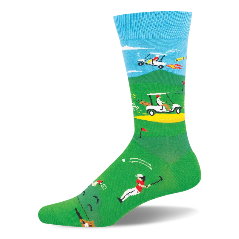 Light blue and green socks with retro pixelated golf graphics showing a flying flaming golf cart and a gopher near the toe.