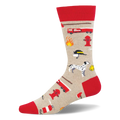 Beige crew socks with red toe, heel, and cuff. Pattern shows fire engines, dalmatians, hydrants, axes, and fire helmets.