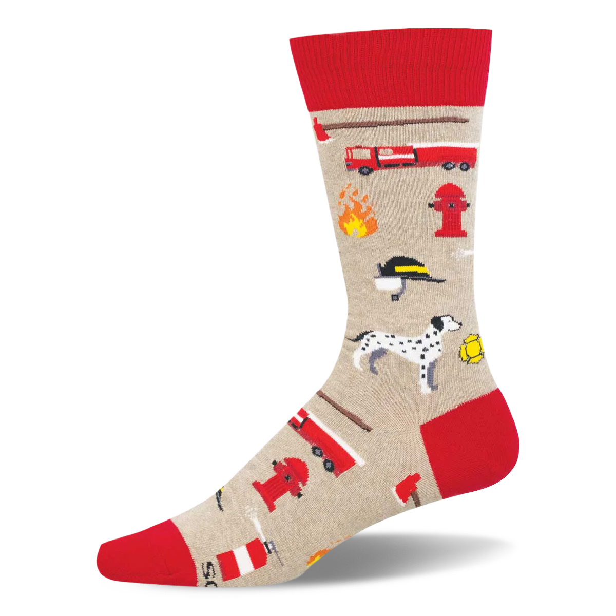 Beige crew socks with red toe, heel, and cuff. Pattern shows fire engines, dalmatians, hydrants, axes, and fire helmets.