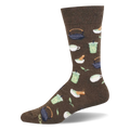 Brown crew sock featuring a matcha tea pattern of traditional teapots, whisking bowls, iced cups, and green tea leaves.