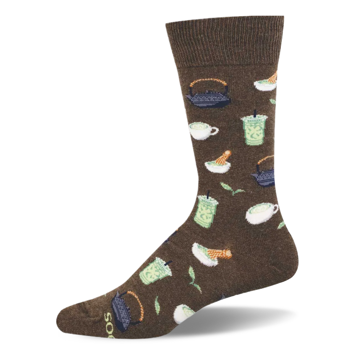 Brown crew sock featuring a matcha tea pattern of traditional teapots, whisking bowls, iced cups, and green tea leaves.
