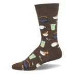 Brown crew sock featuring a matcha tea pattern of traditional teapots, whisking bowls, iced cups, and green tea leaves.