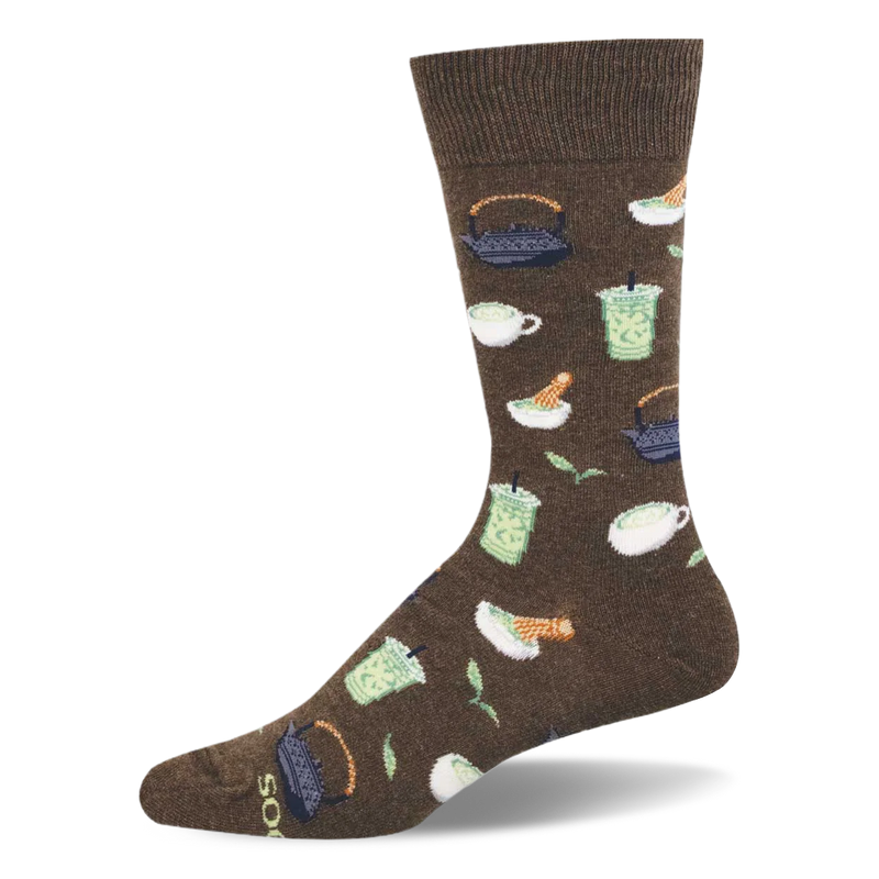Brown crew sock featuring a matcha tea pattern of traditional teapots, whisking bowls, iced cups, and green tea leaves.