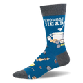 Blue crew sock with dark grey cuff, heel, toe and sole featuring the text CHOWDAH HEAD, a pot of soup, clams and crackers.