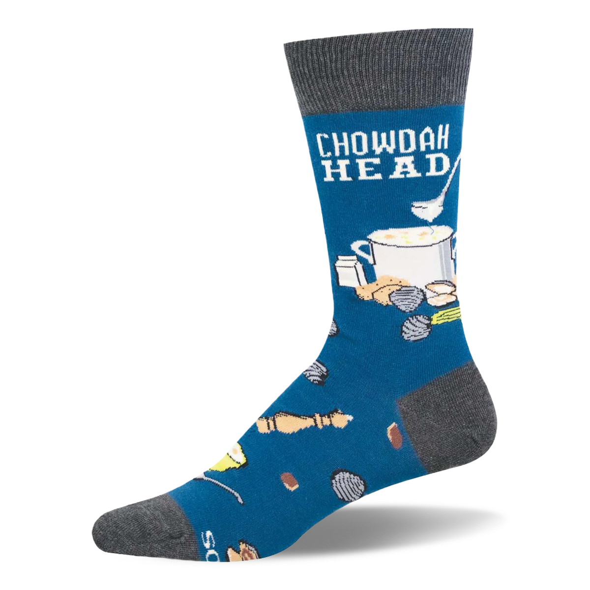 Blue crew sock with dark grey cuff, heel, toe and sole featuring the text CHOWDAH HEAD, a pot of soup, clams and crackers.