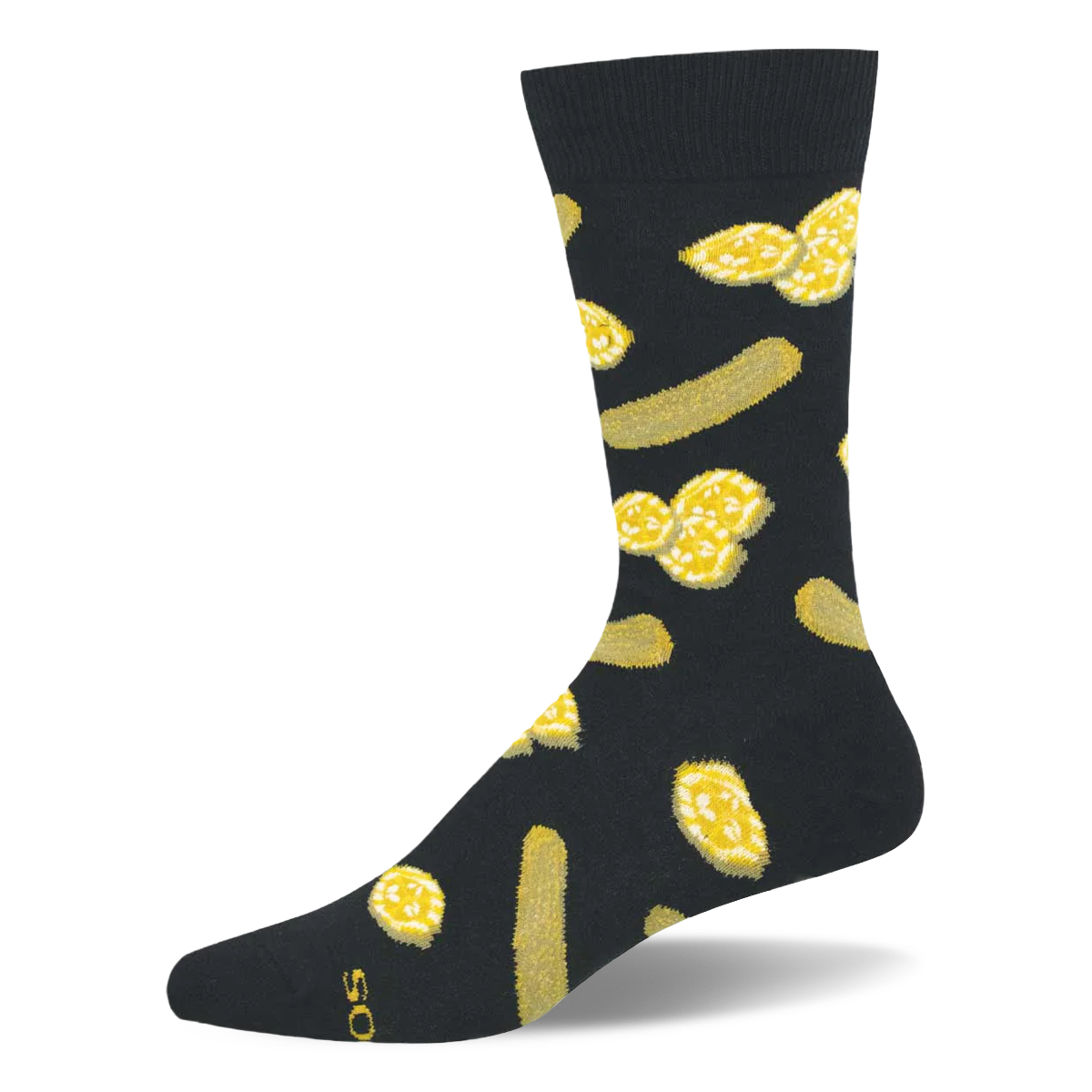 Black crew sock featuring a repeating pattern of whole green pickles and clusters of yellow crinkle-cut pickle slices.