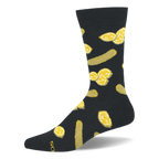 Black crew sock featuring a repeating pattern of whole green pickles and clusters of yellow crinkle-cut pickle slices.