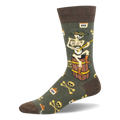 Olive green crew socks showing a skeleton in a hat and boots playing a banjo on a barrel, plus skulls and XXX moonshine jugs.