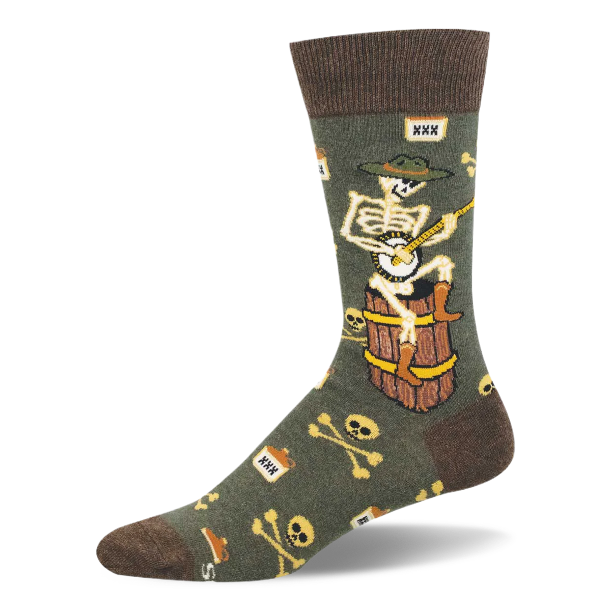 Olive green crew socks showing a skeleton in a hat and boots playing a banjo on a barrel, plus skulls and XXX moonshine jugs.