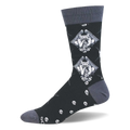 Black crew sock with dark grey heel and toe sections. The pattern features winged gargoyles and scattered little skulls.