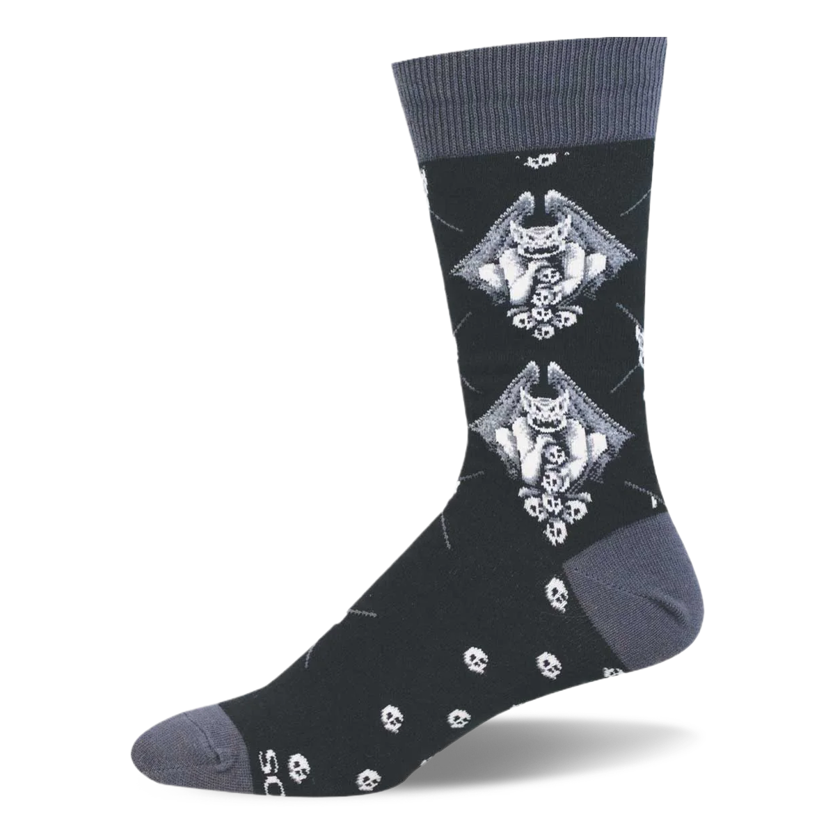 Black crew sock with dark grey heel and toe sections. The pattern features winged gargoyles and scattered little skulls.
