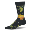 Black crew sock showing a brown and green triceratops standing among giant prehistoric green leaves and tiny white dots.