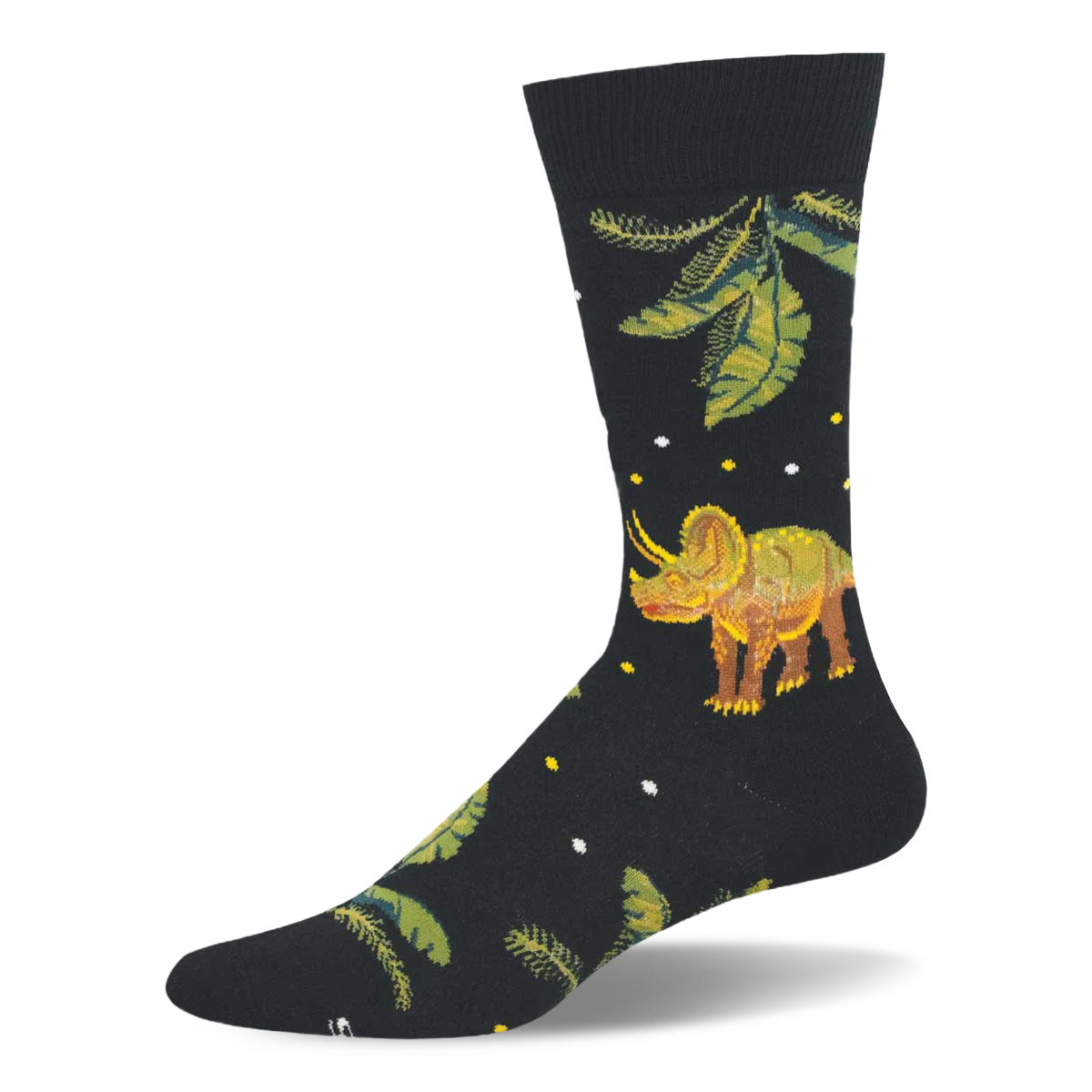 Black crew sock showing a brown and green triceratops standing among giant prehistoric green leaves and tiny white dots.