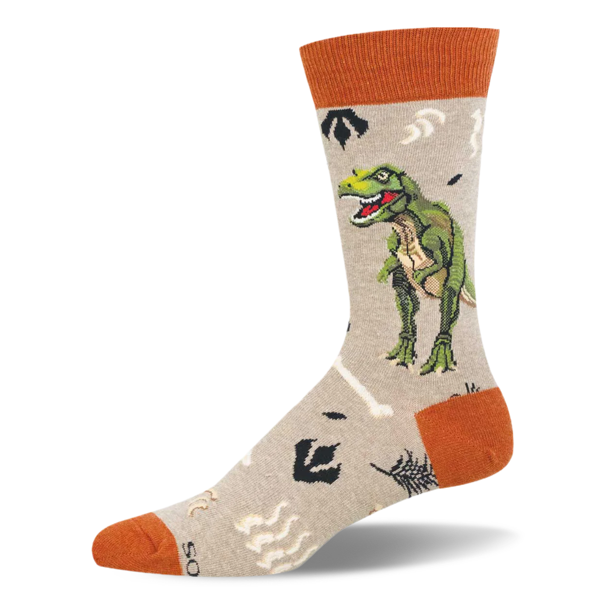 Light tan crew sock with a green T-Rex, pale bones, dark footprints, and rust-orange accents.