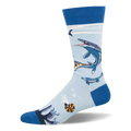 Light blue crew sock with dark blue heel, toe, and cuff. Features swimming Mosasaurus marine reptiles, an ammonite, and bubbles.