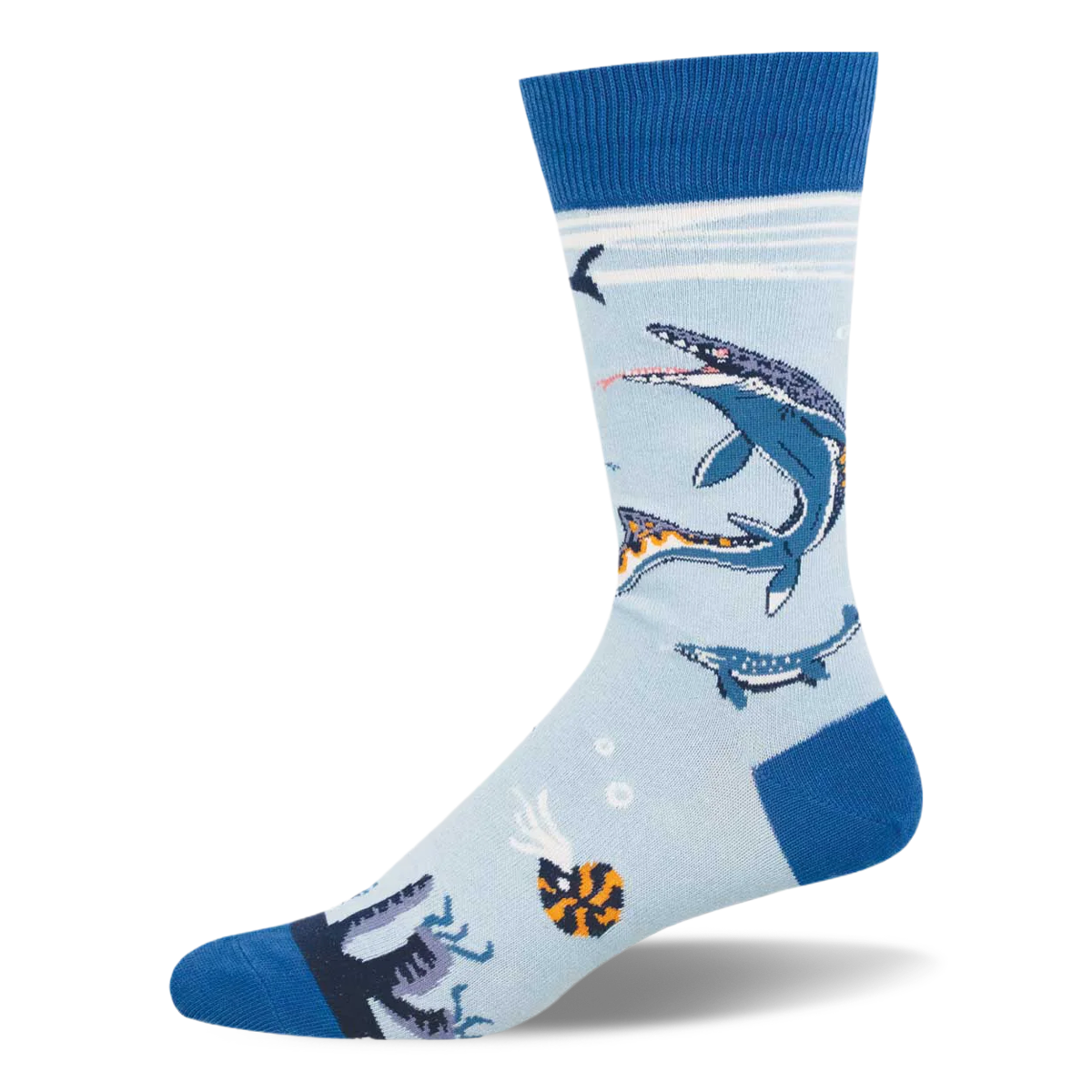 Light blue crew sock with dark blue heel, toe, and cuff. Features swimming Mosasaurus marine reptiles, an ammonite, and bubbles.