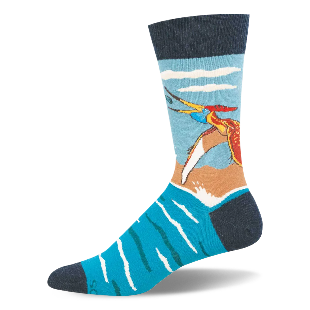 Crew sock showing a colorful flying pteranodon catching a fish over bright blue water and a sandy shore. Navy accents.