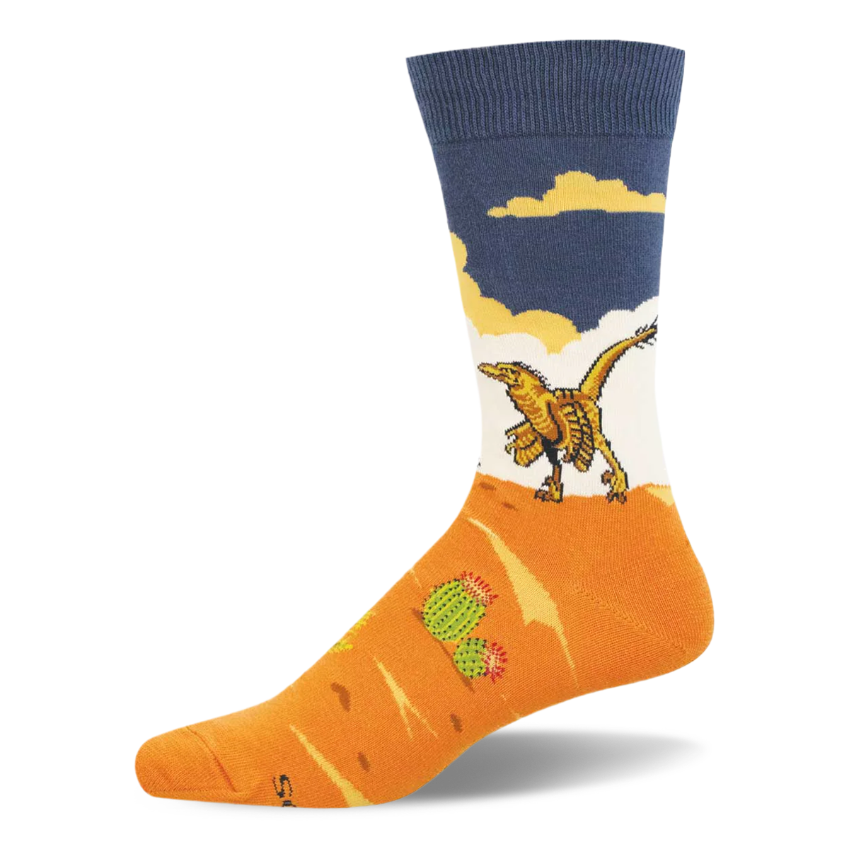 Crew sock with a yellow feathered velociraptor walking on an orange desert landscape with a green cactus under a blue sky.